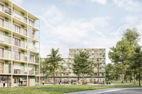 <strong>1. Preis  </strong>Der Entwurf von bogevischs buero und grabner huber lipp arbeitet mit dem Vorhandenen in Form eines Weiterbauens. Dazu greifen die Architekten sowohl die städtebauliche Struktur mit den großzügigen Grünflächen als auch die vorhandene Zeilenbebauung auf.<br />