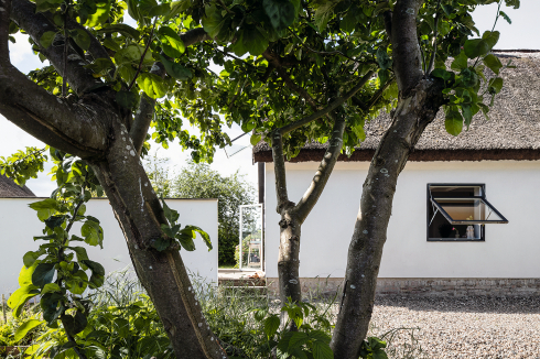 Eine lange Wand und eine erhöhte Terrasse verbinden Haupthaus und Nebengebäude ...<br />