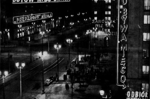 1956: Titelgrafik der Zeitschrift Szpilki: "In der Hauptstadt leuchten bald Neonreklamen."<br />