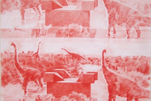 Gleichzeitig schmückt er die Architekturen mit vorzeitlichen Entstehungsmythen aus: Zeichnungsserie "Forgotten times & moments" (2008)<br />