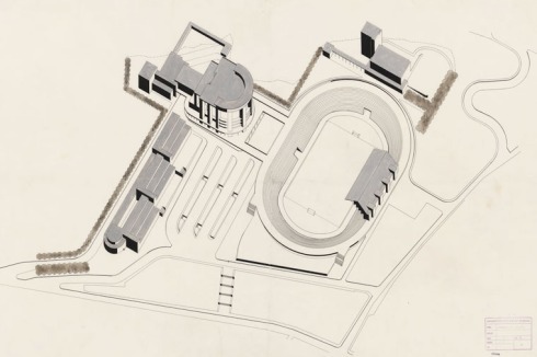 Im ersten Rundgang ausgeschieden: Walter Gropius. Die Isometrie zeigt Stadthalle, Aussichtsplattform, Museum und Sportforum.<br />
