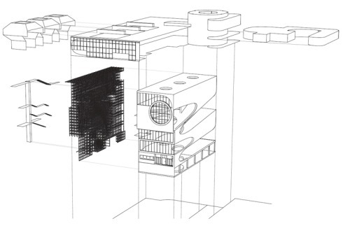 Entwurf Alexander Bouchner: Der Altbau wird mit einem Raumgefüge ergänzt, das sich diagonal nach oben windet. Werkstatt und Restaurant sind im Dachgeschoss untergebracht.<br />