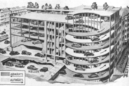 1929-1930 wurde die Hochgarage in Berlin-Charlottenburg von Hermann Zweigenthal und Richard Paulick als “Garagenpalast” erbaut. Eine Besonderheit ist die Trennung der Auf- und Abfahrt in einer Doppelrampe.<br />