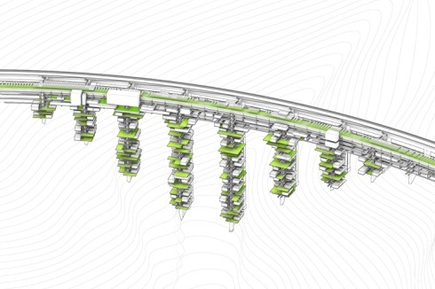 In der zur vertikalen Stadt umgewandelten Brücke sollen Rentner und Touristen in der Winterzeit nisten.<br />