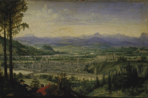 Lucas van Valckenborch: Ansicht von Linz mit arbeitendem Künstler im Vordergrund (1593)<br />
