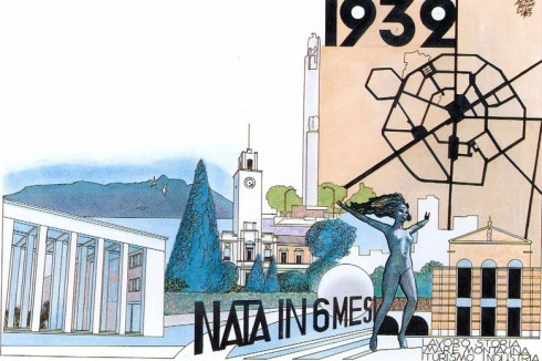 Plakat für die 70-Jahr-Feier zur Gründung der Neustadt im Jahr 2002 , geschmückt mit der alten faschistischen Lösung "nati in sei mesi" (entstanden in sechs Monaten).<br />