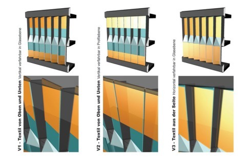Drei unterschiedliche Verschattungsvarianten aus farbigem Stoff dienen als Sonnenschutz.<br />