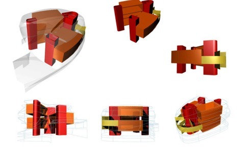 Die Konstruktion setzt sich aus dem vertikalen Tragwerk der Kerne (rot), den selbsttragenden Laborboxen aus Beton (orange) und einem Sekundär-Tragwerk aus betonierten Wandscheiben und Schotten (gelb) zusammen.<br />