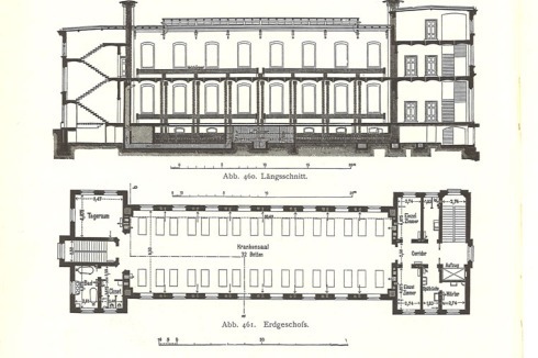 Die Bettenpavillons waren zweigeschossig geplant, ein Geschoss höher als die Vorgängerbauten der Krankenhäuser Berlin-Moabit und Am Friedrichshain.<br />