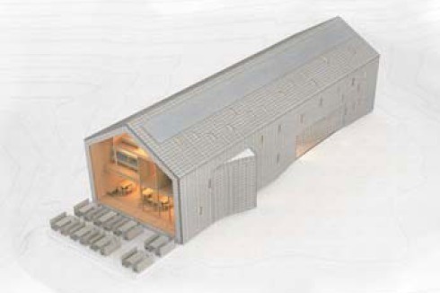 ... ein langgestreckter Holzbau mit verglaster Giebelwand.<br />