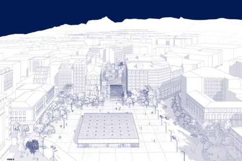 Der Omania-Platz soll mit einem Bahnstations-Komplex, der an die neue Nationalgalerie erinnert, bebaut werden.<br />