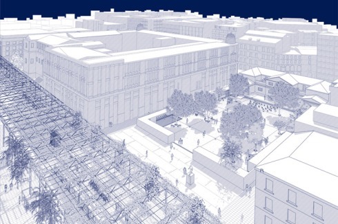 ... die Plätze (Panepstimiou-Straße) anhand von rechteckigen Pavillons mit Räumen für Sitzplätze und Fahrradstationen zu fassen.<br />