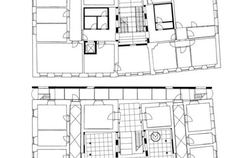 Im Zuge des Umbaus stellte Schattner die historische Gasse wieder her (Grundrisse EG, 1. OG) ...<br />