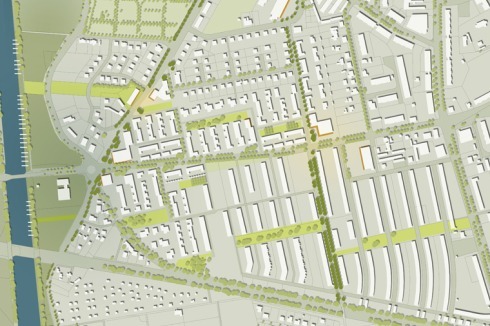 "Der Entwurf greift die Zeilenbebauung der ´Weißen Stadt´auf und knüpft an die wohlproportionierten Straßenräume der 30er Jahre an."<br />