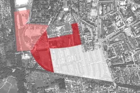 Acht Büros haben Ideen für das Wettbewerbsgebiet (rot) und den erweiterten Betrachtungsraum (hellrot) entwickelt:<br />