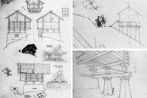 ... so dass er 1945/46 selbst zahlreiche Prototyp-Varianten für aufgeständerte Skihütten entwirft.<br />