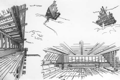 Auf der X. Triennale in Mailand 1954 präsentiert Mollino seine experimentellen Holzhäuser der Öffentlichkeit.<br />