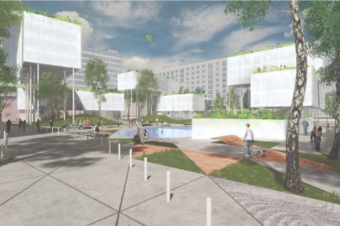 Nägeli Architekten (Berlin) konzentrieren sich auf die Aufenthaltsqualitäten und entwerfen ein städtisches "Raumdorf" mit aufgeständerten Leichtbauten und Grünflächen.<br />