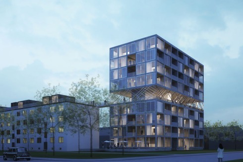 Jan Wiese Architekten (Berlin) entwerfen neungeschossige Kopfbauten, von denen aus die "halbprivate" Zone auf den Dächern des Bestandes erschlossen wird.<br />