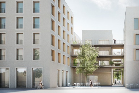 Standort 3: ein Grundstück nahe der Spree in Charlottenburg. Bruno Fioretti Marquez Architekten (Berlin) sehen das größte Innovationspotential im Berliner Block und entwerfen eine Variante desselben mit halboffenen Höfen und Zugangsterrassen.<br />
