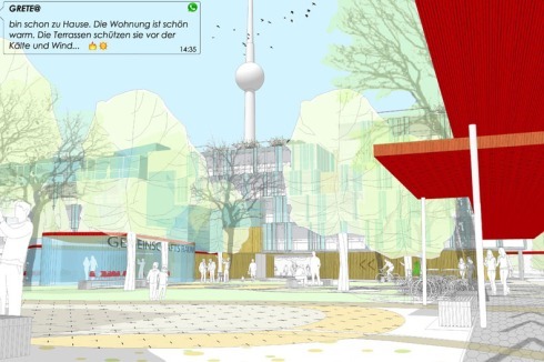 Auch Temperaturas Extremas Arquitectos (Madrid) setzen auf die Vernetzung mit dem Umfeld und entwerfen sechsgeschossige Wohngebäude mit "aktiviertem" Erdgeschoss, Pergolagängen und Pavillons.<br />