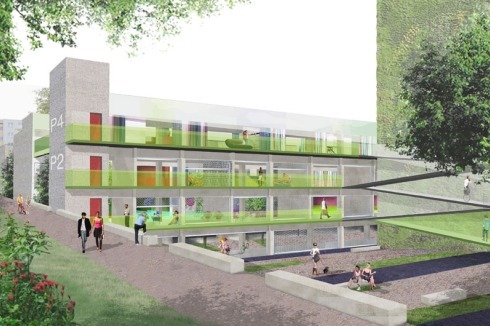 Standort 4: ein Grundstück in Neukölln, das mit einem Parkhaus aus der 70er Jahren bebaut ist. Augustin und Frank Architekten (Berlin) parzellieren die vorhandenen Ebenen und entwerfen "Reihenhäuser auf der Etage".<br />