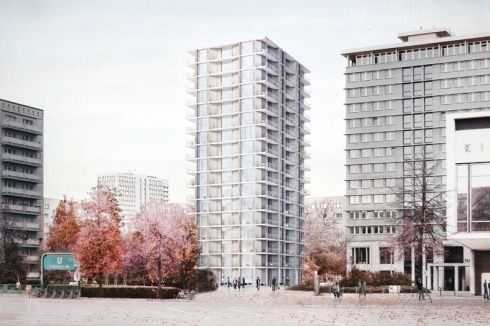 Standort 1: Karl-Marx-Allee, II. Bauabschnitt. Was ist der Plattenbau des 21. Jahrhunderts? Barkow Leibinger (Berlin) antworten mit einem Punkthochhaus direkt neben dem Rathaus Mitte. 16 Geschosse mit 84 Wohnungen und einem Tragsystem aus Infraleichtbeton<br />