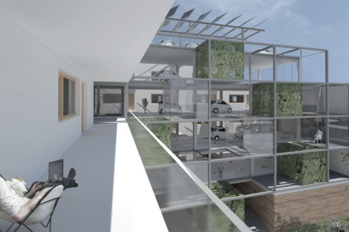 Kaden Klingbeil Architekten (Berlin) legen den Fokus auf Mobilität und stellen hinter ihr L-förmiges Wohnhaus ein "Park- und Pflanzhaus" mit Gärten und Parkplätzen auf der Etage.<br />