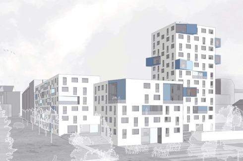 wiewiorra hopp schwark architekten (Berlin) bringen die Platte nach Charlottenburg: Recycelte WBS-Plattenelemente werden zu drei Gebäuden mit Balkonen, Erkern und "Gebäudeschnitten" verbaut.<br />