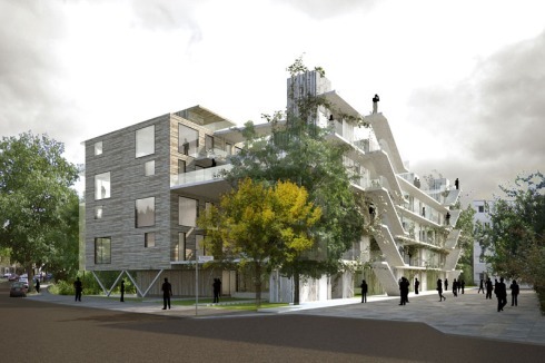 Standort 8: Grundstück in heterogener Umgebung am östlichen Berliner Stadtrand in Hohenschönhausen. Hérault Arnod Architectes (Paris) entwickeln eine "vertikale Siedlung" durch die Stapelung typischer Siedlungselemente (Haus, Garten, Straße).<br />