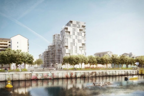 Cobe (Berlin / Kopenhagen) schlagen an selber Stelle eine bis zu fünfzehn Geschosse hohe Bebauung aus Wohnen und Gewerbe vor.<br />