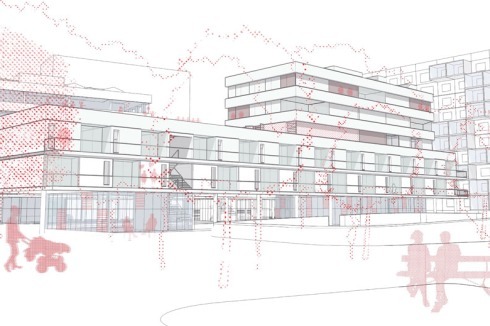 Gies Architekten (Freiburg) beziehen sich auch auf das serielle Bauen und schlagen zwei Wohnriegel und ein aufgesetztes Punkthaus vor.<br />