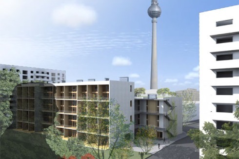 Standort 2: ein Parkplatz hinter dem Berliner Kongresszentrum. Talli (Helsinki) und Architekturbüro R. Schnitzler (Freiburg) stapeln dort ihre "Rohbaueinheit Berlin".<br />