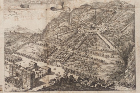 G.F. Guerniero, Gesamtansicht der Kaskadenanlage am Karlsberg, 1706.<br />