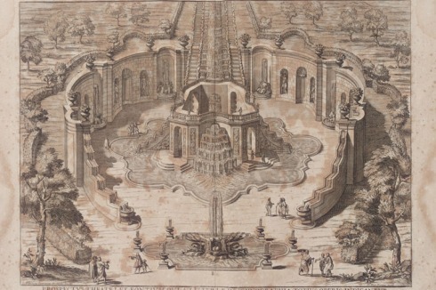 G.F. Guerniero, Ansicht der Grottenanlage im unteren Drittel der Kaskadenanlage, 1706.<br />