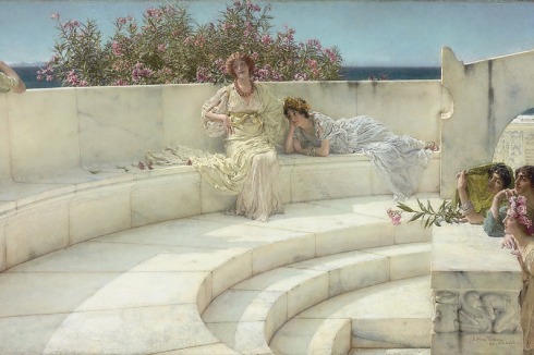 Sir Lawrence Alma-Tadema's Studio House at Grove End Road, London: Sir Lawerence Alma-Tadema Unter dem Dach des blauen Ionischen Wetters (Under the Roof of the Blue Ionian Weather), 1901 Öl auf Holz, 55 x 121 cm<br />