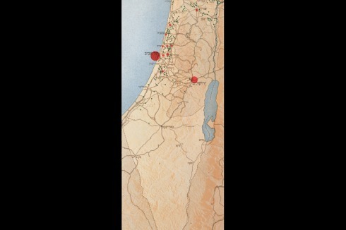 1948: Die Verteilung der jüdischen Bevölkerung (rote Punkte), landwirtschaftlichen Siedlungen (grüne Punkte): 80 Prozent leben in den Städten der Küstenregion.<br />