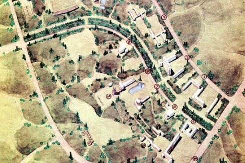 Das im Sharon-Plan angelegte Stadtzentrum von Ramleh ähnelt einer Parklandschaft mit eingestreuten Verwaltungs- und Kulturbauten.<br />