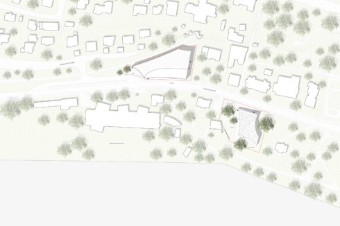 Parkhaus und Pflanzenhaus reagieren mit ihrem Ansatz der konkav geschwungenen Fassaden geschickt auf die schwierige Grundstücksgeometrie des Parhauses bzw. auf den wertvollen zu erhaltenden Baumbestand."<br />
