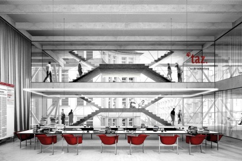 "Als Highlight befindet sich das taz-Panorama mit seiner hohen Aufenthaltsqualität mit einem ganz besonderen Raumkonzept und Ausblick auf die Stadt im obersten Geschoss." 1.Preis für<br /><a href="http://www.e2a.ch/" >E2A / Piet Eckert und Wim Eckert / Architekten</a><br />