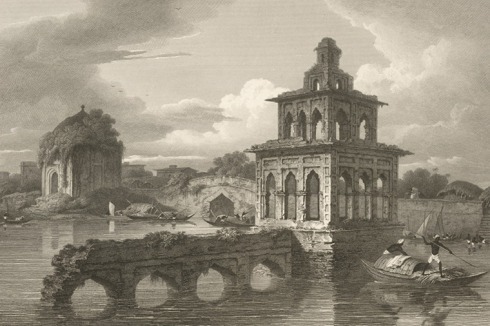Dhaka: Kupferstich vom „Ganges-ometer“ mit ruinöser Brücke und Hochwasser während der Monsun-Saison (1814).<br />