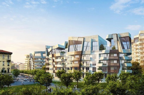 Die acht- bis dreizehngeschossigen, ungelenk gestapelt und geknickten Wohnbauten der "Residenz Libeskind" sollen in einem gestreifeten Fassadengewand erscheinen.<br />