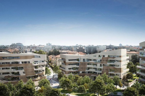 Die "Residenz Hadid" ist mit einer Camouflage-Fassade aus Blech- und Holzlamellen geplant und erinnert an einen gebogenen Dampfer.<br />