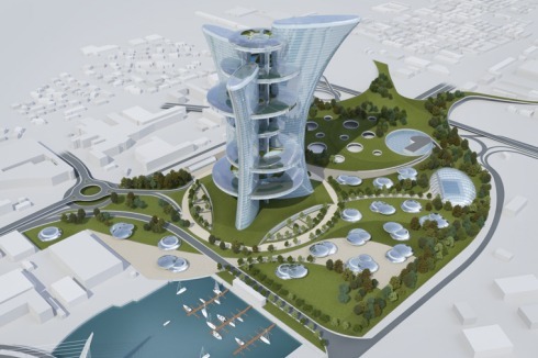 Um das beziehungslos im Industriegebiet stehende Hochhaus sind „Iglu-artige“ Satellitengebäude geplant, ...<br />