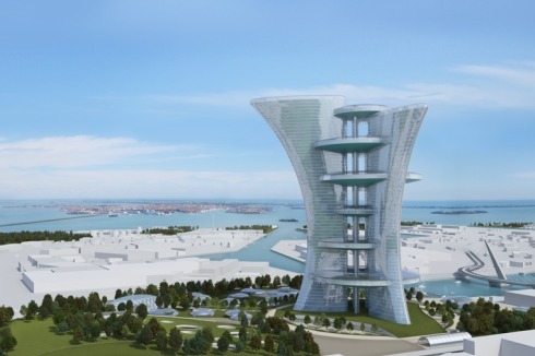 Die 250 Meter hohe „utility sculpture“ (Cardin) würde den Markusturm, das bislang höchste Gebäude Venedigs, um 140 Meter überragen.<br />