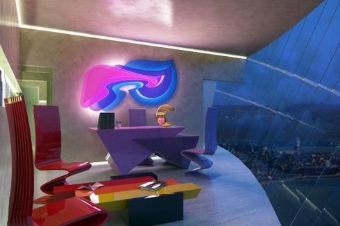 Gleichzeitig erinnern die Räume an einen Science-Fiction-Film, dessen Set-Design von der „Memphis Group“ entworfen wurde.<br />