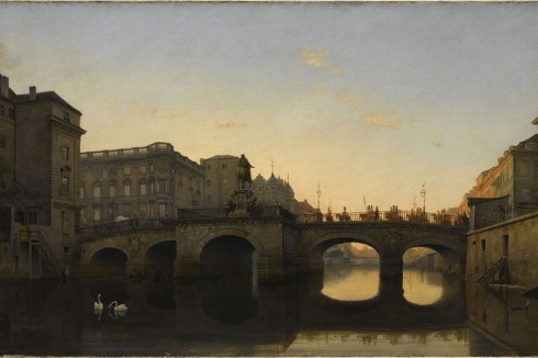 Eduard Gaertner: Die Lange Brücke mit dem Reiterstandbild des Großen Kurfürsten Friedrich Wilhelm (1620–1688) vom Wasser aus gesehen, Berlin, 1842<br />
