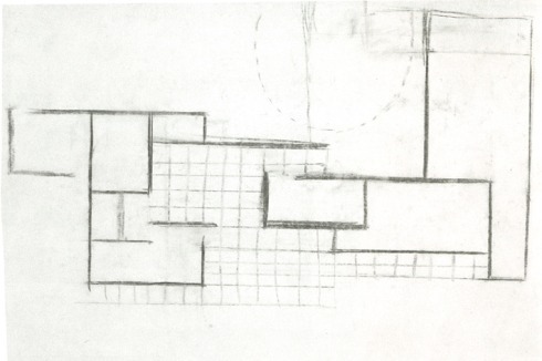 Grundrissstudie (vorläufige Fassung; früher Haus Tugendhat); Kohle auf Transparentpapier, 45 x 66,6 cm<br />