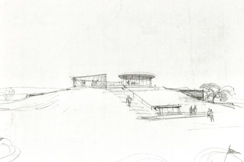 Perspektivische Ansichtsskizze (vorläufige Fassung); Bleistift auf Papier, 20,8 x 29,5 cm<br />