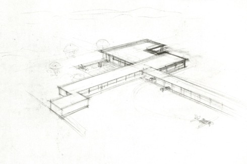 Vogelperspektive (endgültige Fassung); Bleistift auf Transparentpapier, 54,5 x 93 cm<br />